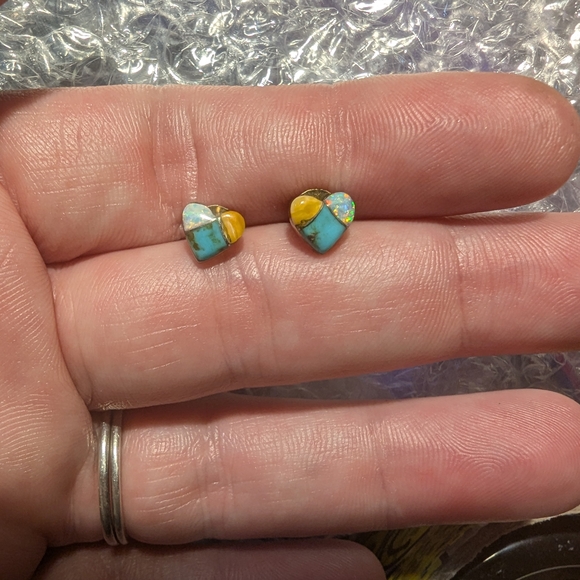 Turquoise And Opal Heart-Shaped Yellow and Blue Earrings - Picture 2 of 2